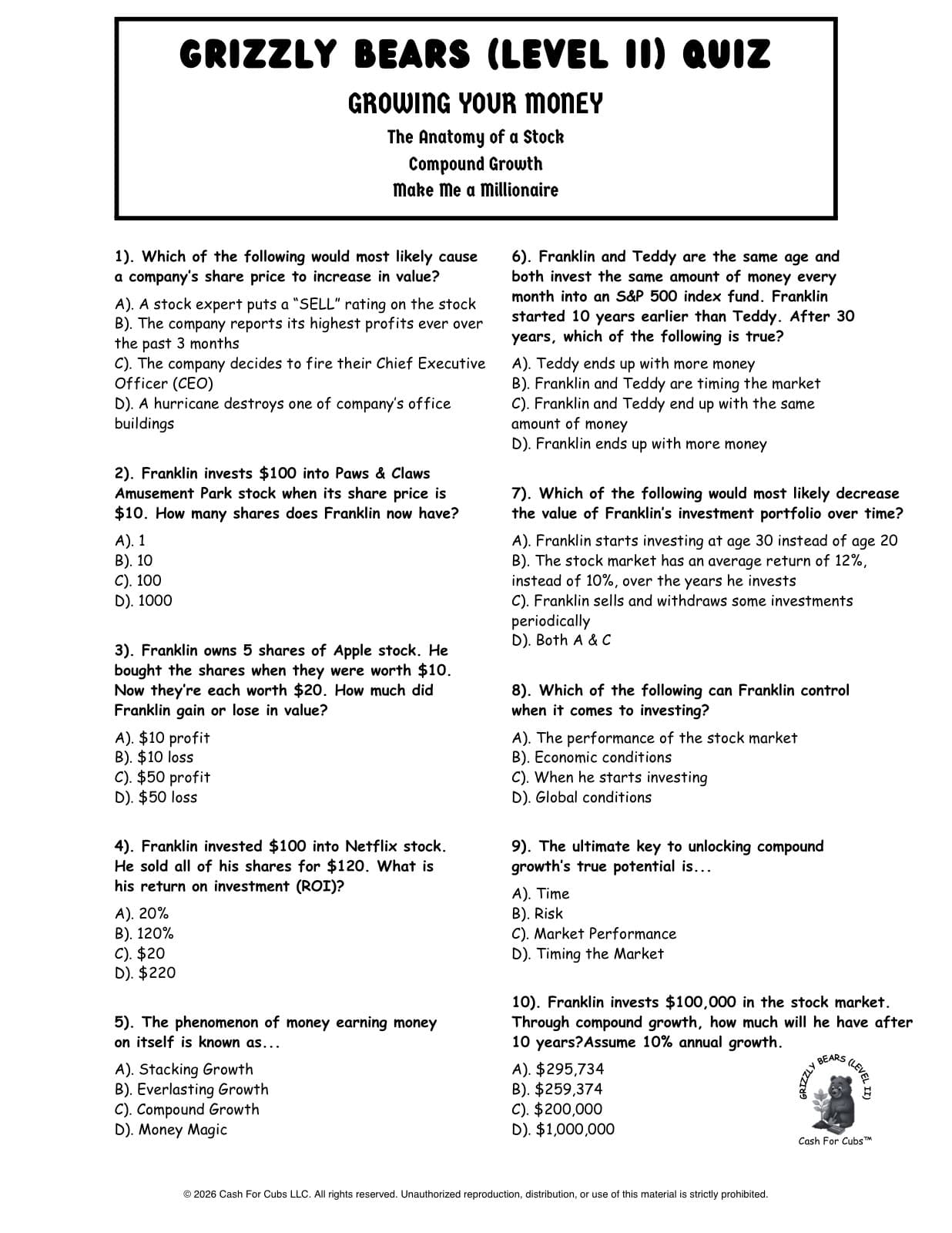 The Grizzly Bears (Level II) quiz, testing stock, ROI, and compound growth concepts