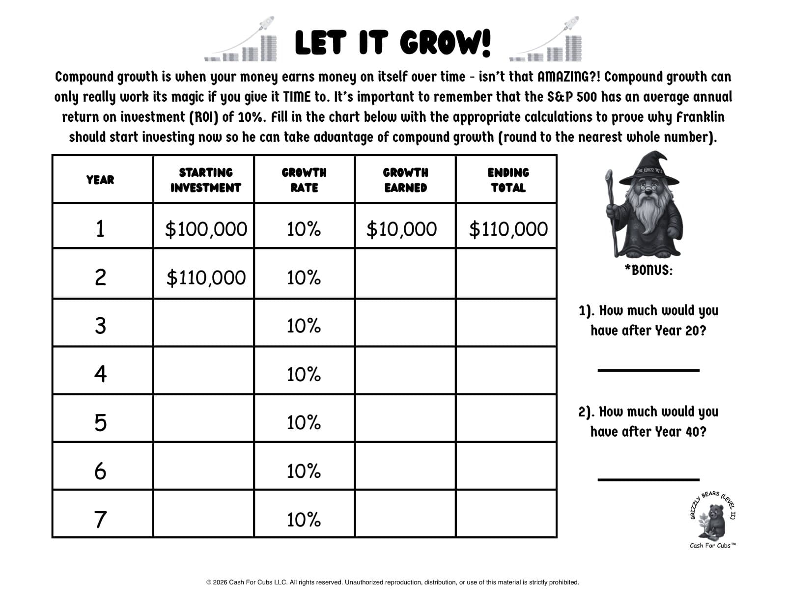 The "Let It Grow!" compound growth worksheet from the Grizzly Bears course